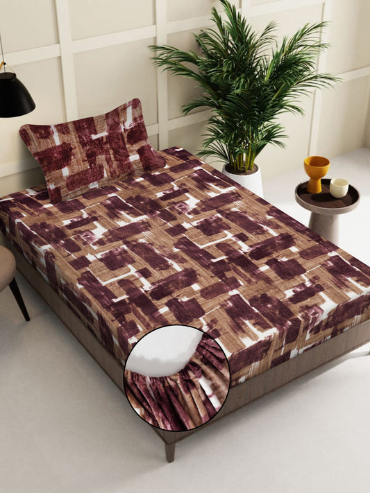 Klotthe Rust Geometric Woolen Fitted Single Bed Sheet with Pillow Cover