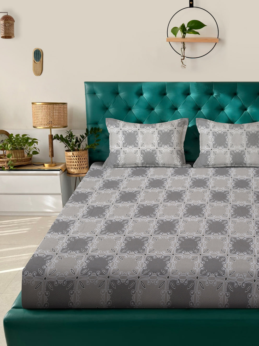 Klotthe Grey Floral 400 TC Pure Cotton Fitted Double Bedsheet with 2 Pillow Covers