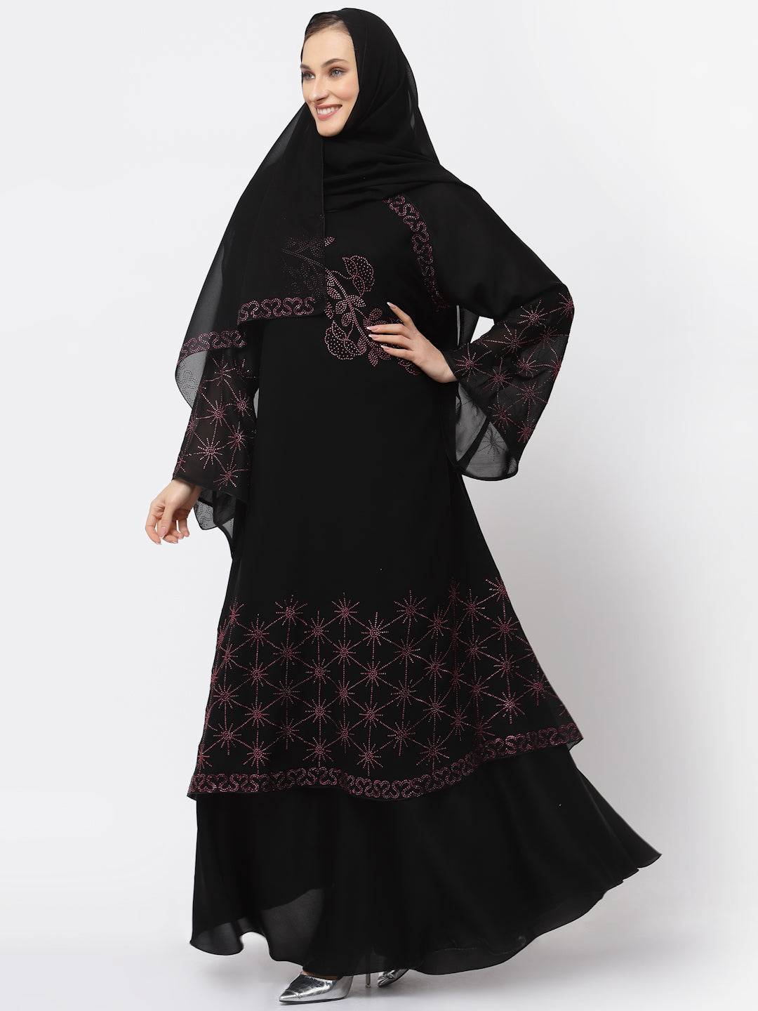 Klotthe Women Black Embellished Burqa With Scarves