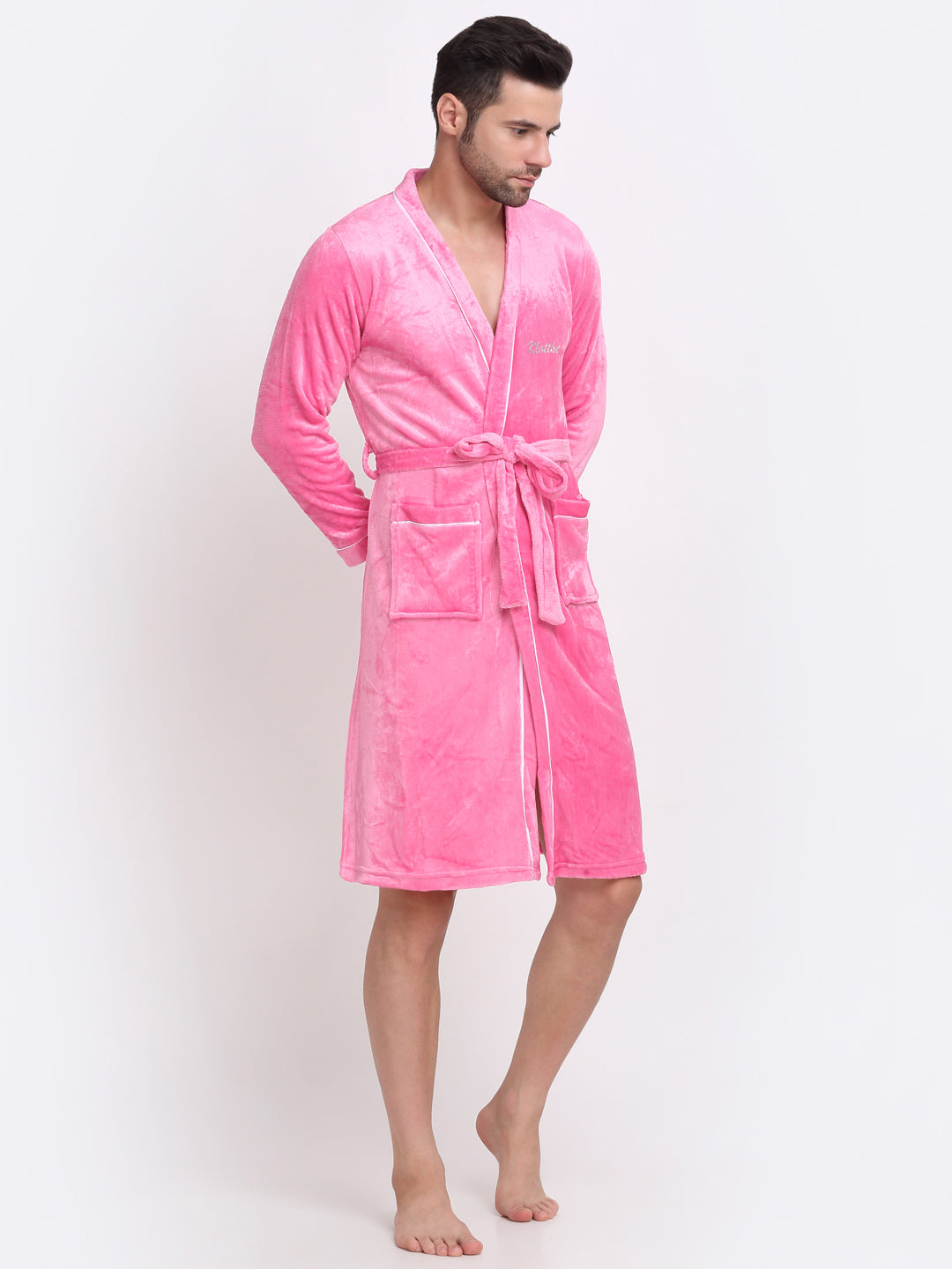 Klotthe Men Light Pink Solid Wool Bath Robe With Belt
