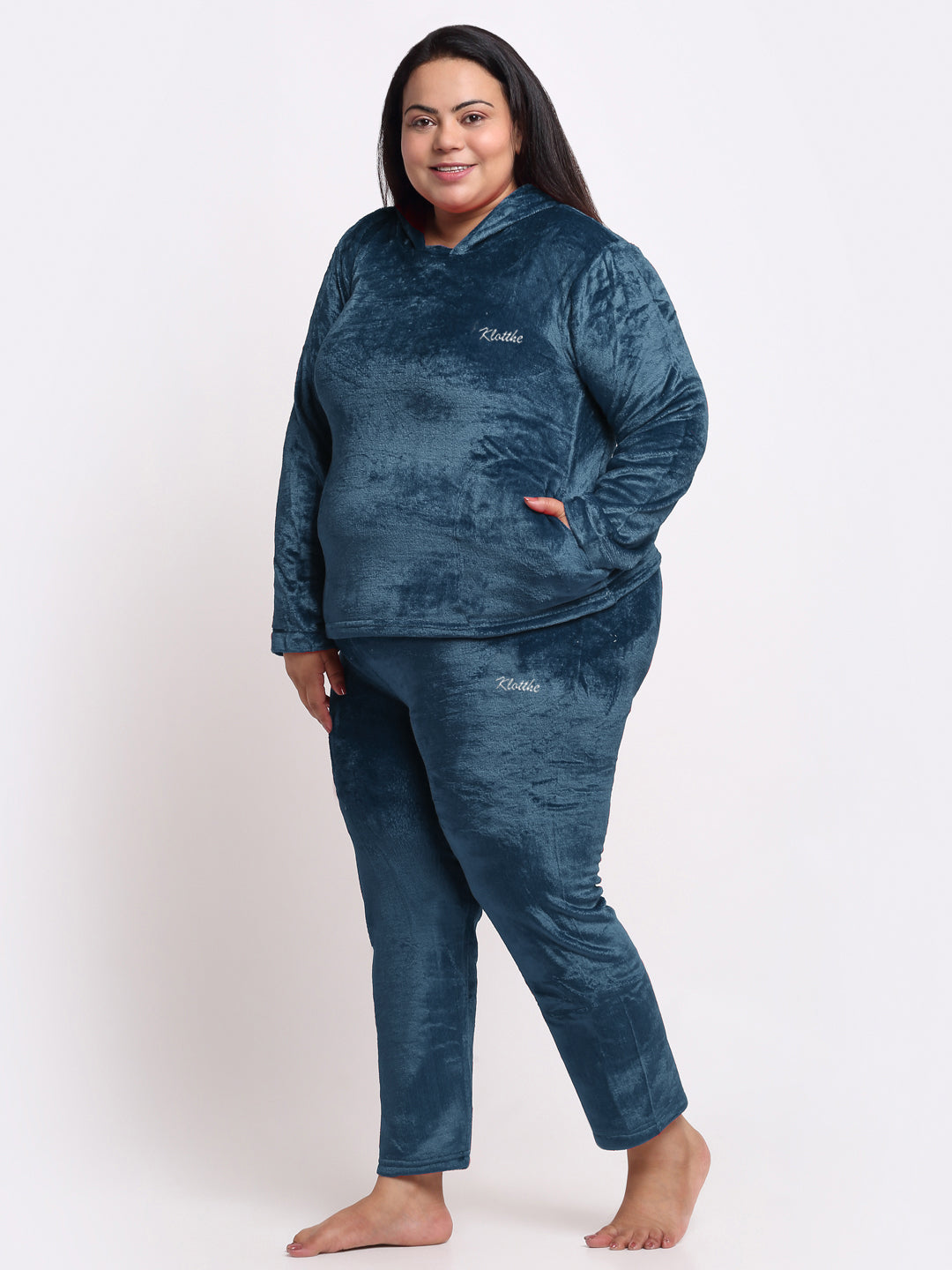 Klotthe Women Turquoise Solid Wool Blend Hooded Night Suit