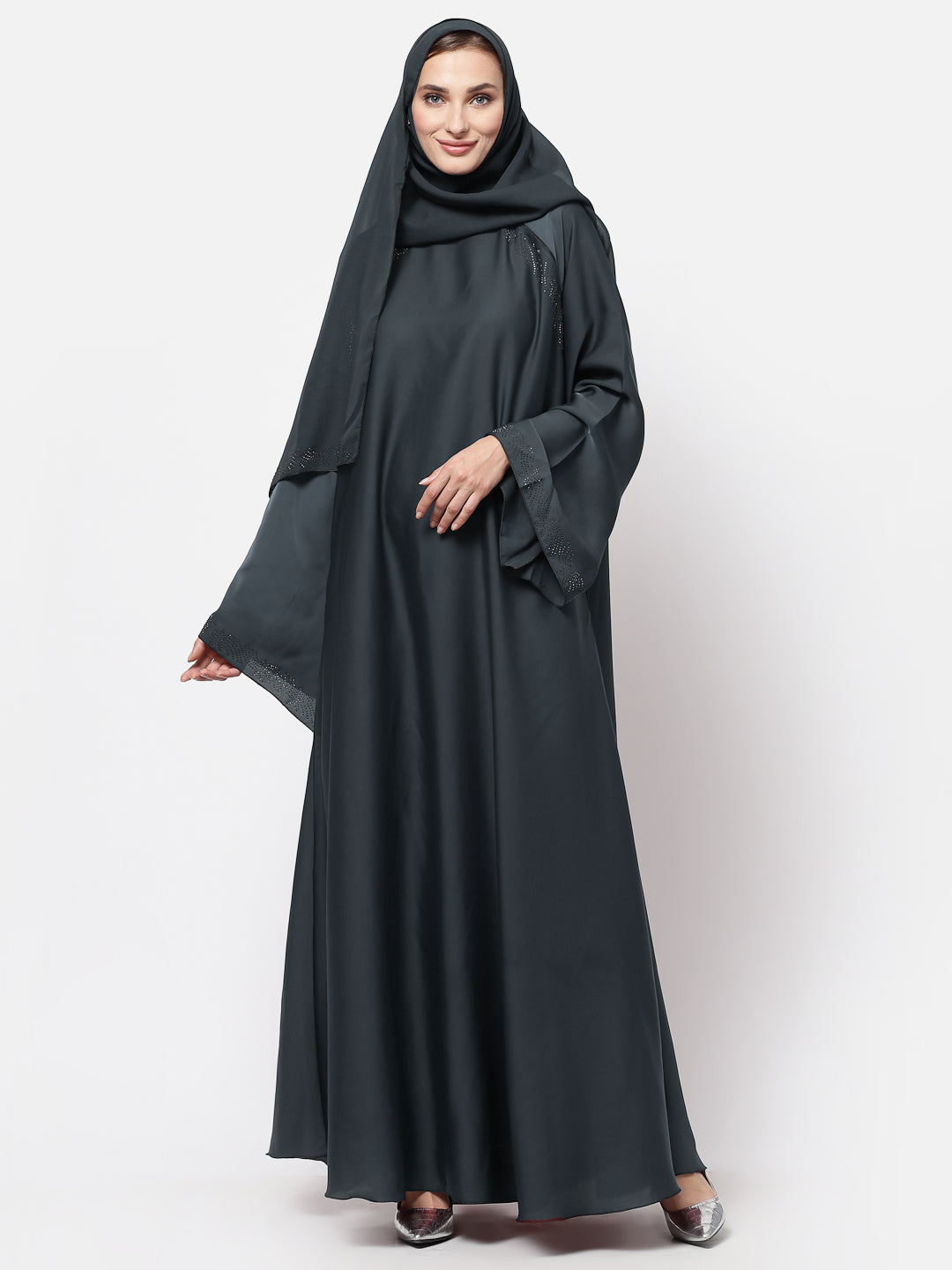 Klotthe Women Grey Embellished Burqa With Scarves