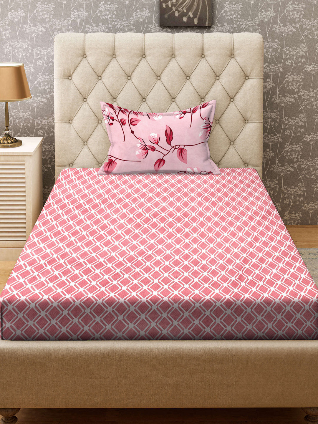 Klotthe Red Geometric 300 TC Cotton Blend Single Bedsheet with Pillow Cover