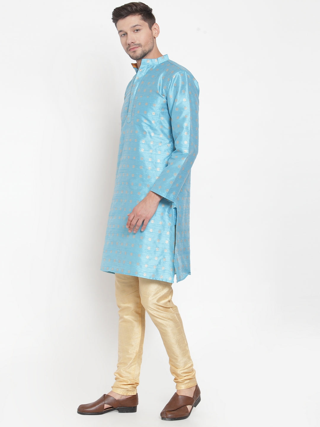 Blue Cotton Silk Floral Party Kurtas
