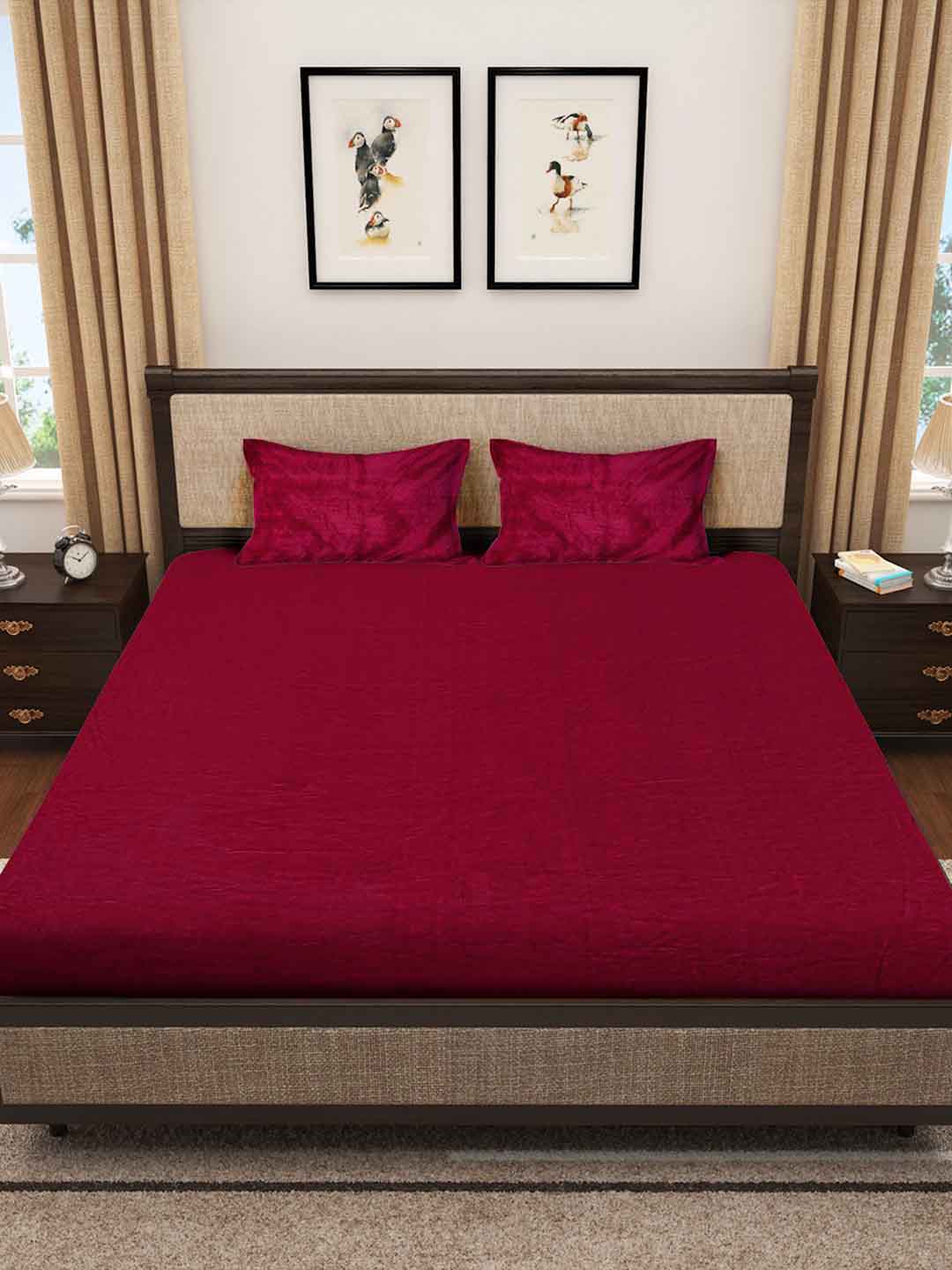 Klotthe Red Solid Woolen Double Bed Sheet with 2 Pillow Covers