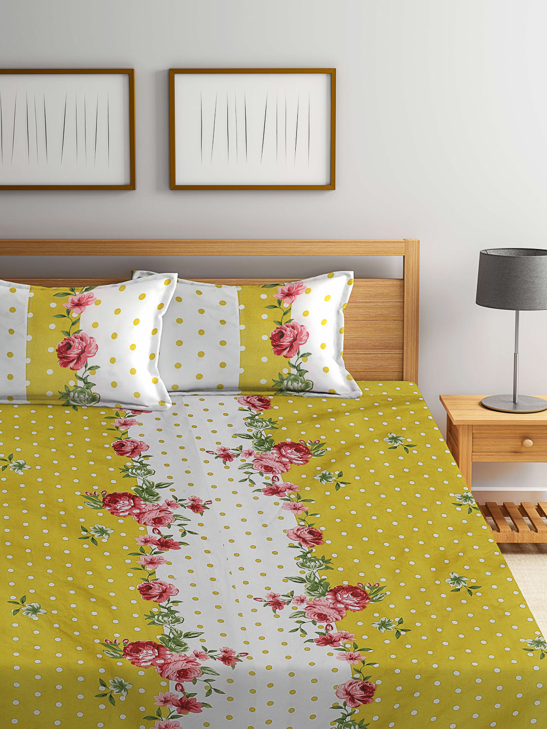 Klotthe Multicolor Floral 300 TC Cotton Blend Fitted Double Bedsheet with 2 Pillow Covers