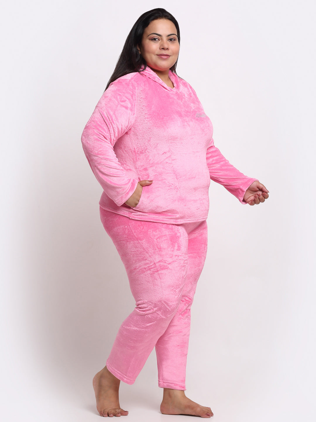 Klotthe Women Light Pink Solid Wool Blend Hooded Night Suit