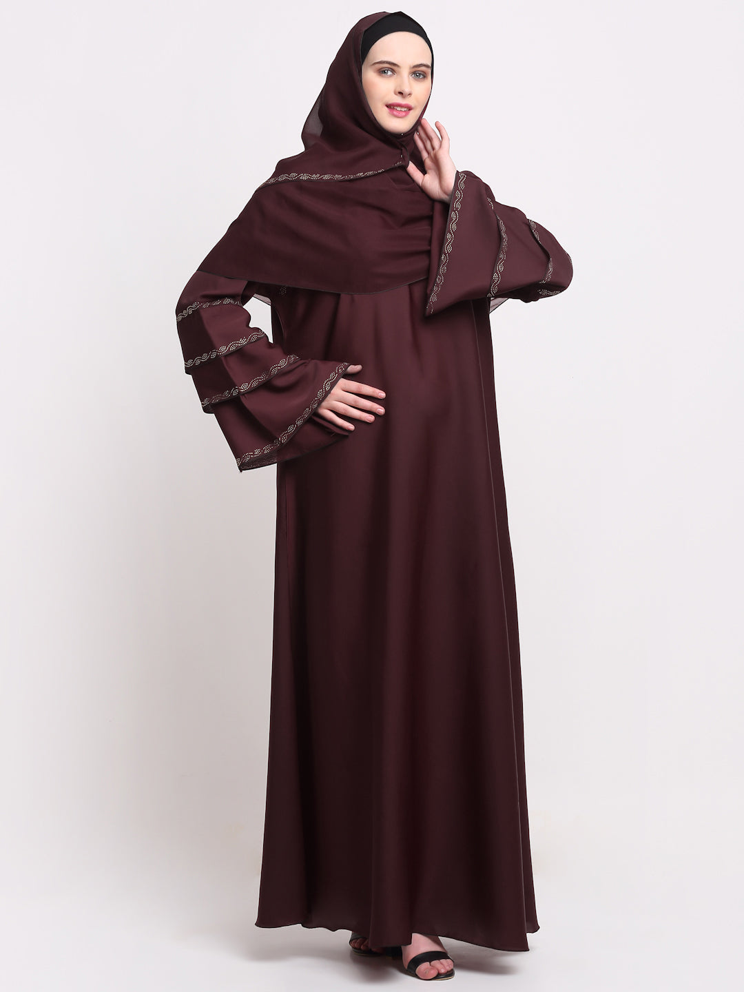 Klotthe Women Burgundy Embellished Burqa With Scarves