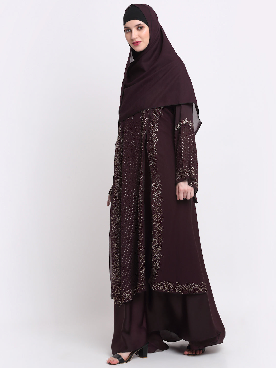 Klotthe Women Burgundy Embellished Burqa With Scarves