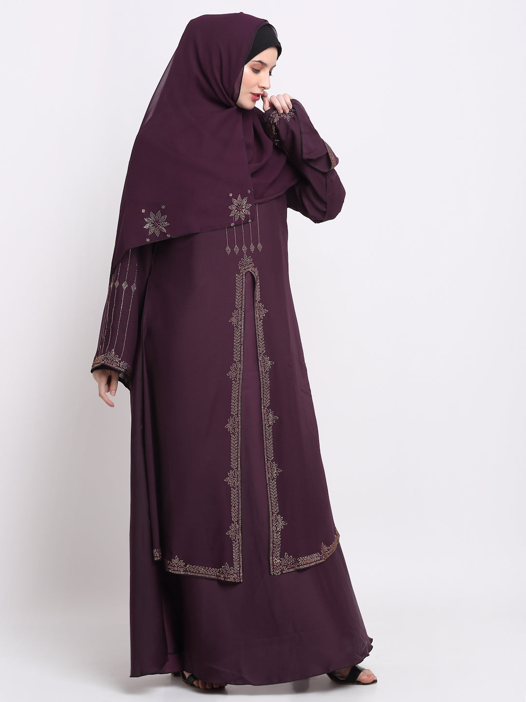 Klotthe Women Burgundy Embellished Burqa With Scarves