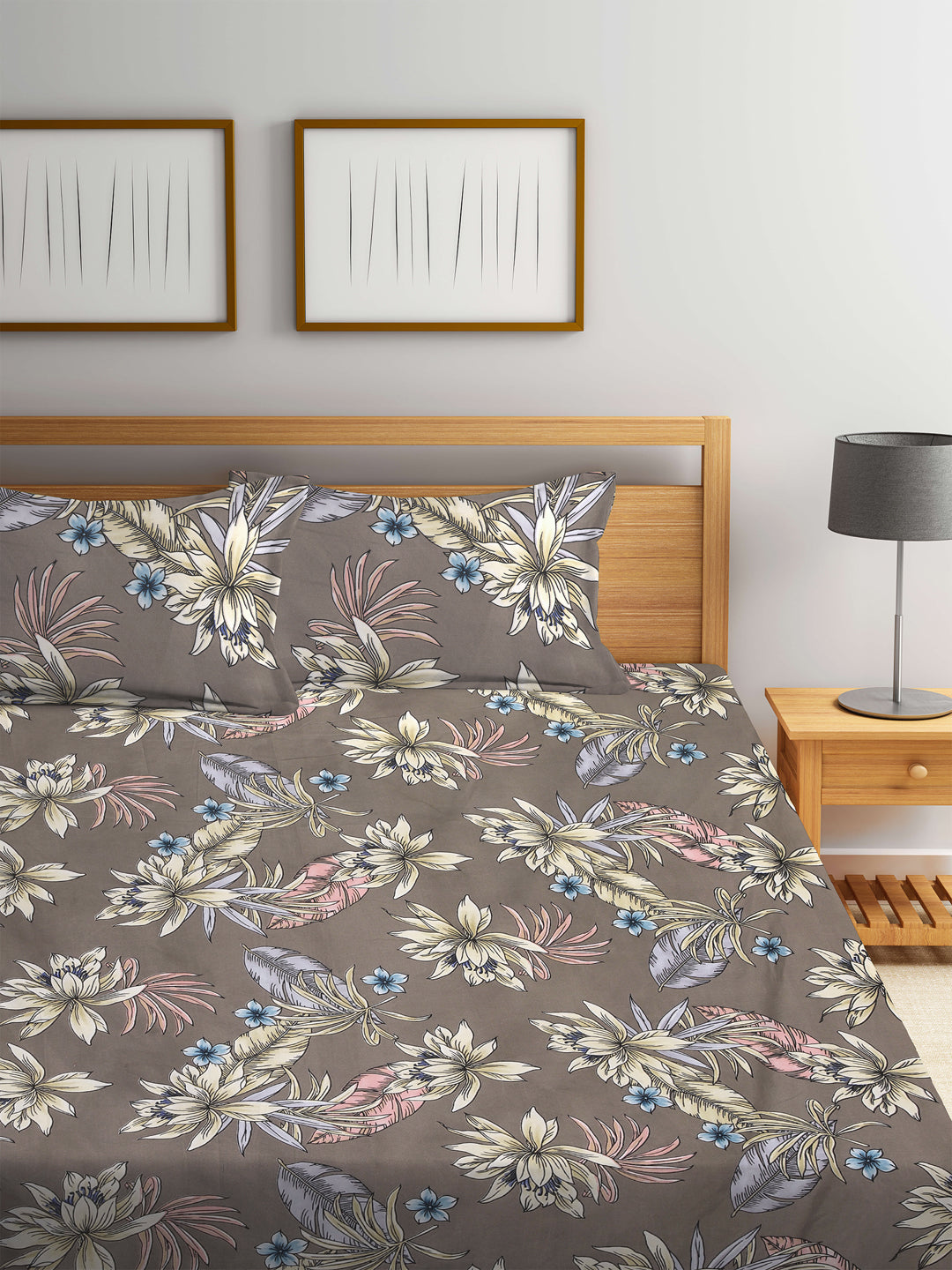 KLOTTHE Brown PolyCotton Floral 210 Thread Count Double King Bedsheet With 2 Pillow Covers (250X215 cm)