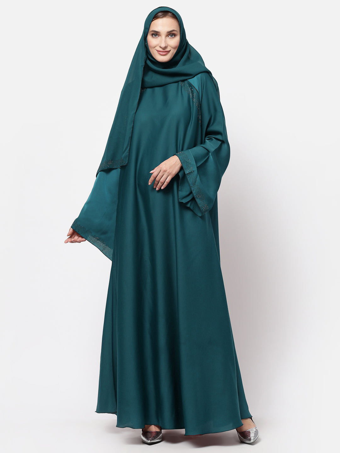 Klotthe Women Turquise Embellished Burqa With Scarves