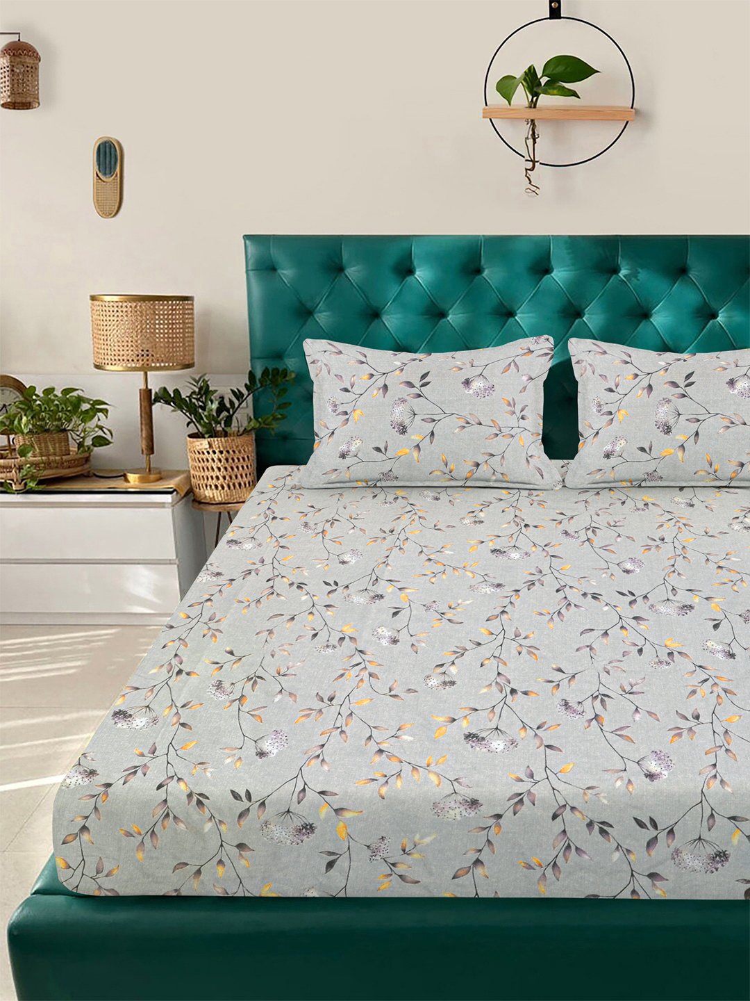 Grey Floral 300 TC Cotton Blend Fitted Double Bedsheet with 2 Pillow Covers