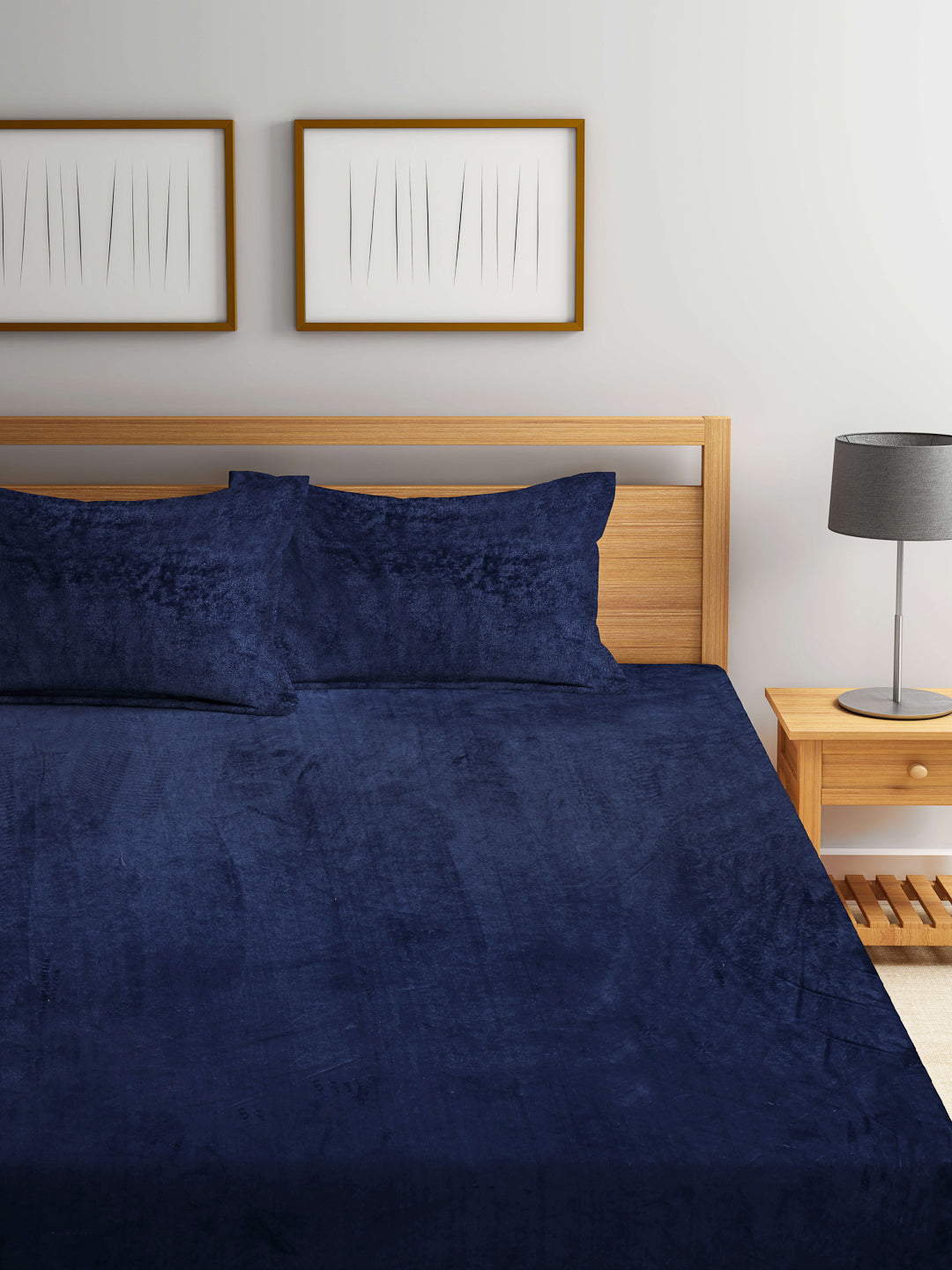 Klotthe Blue Solid Woolen Fitted Double Bed Sheet with 2 Pillow Covers