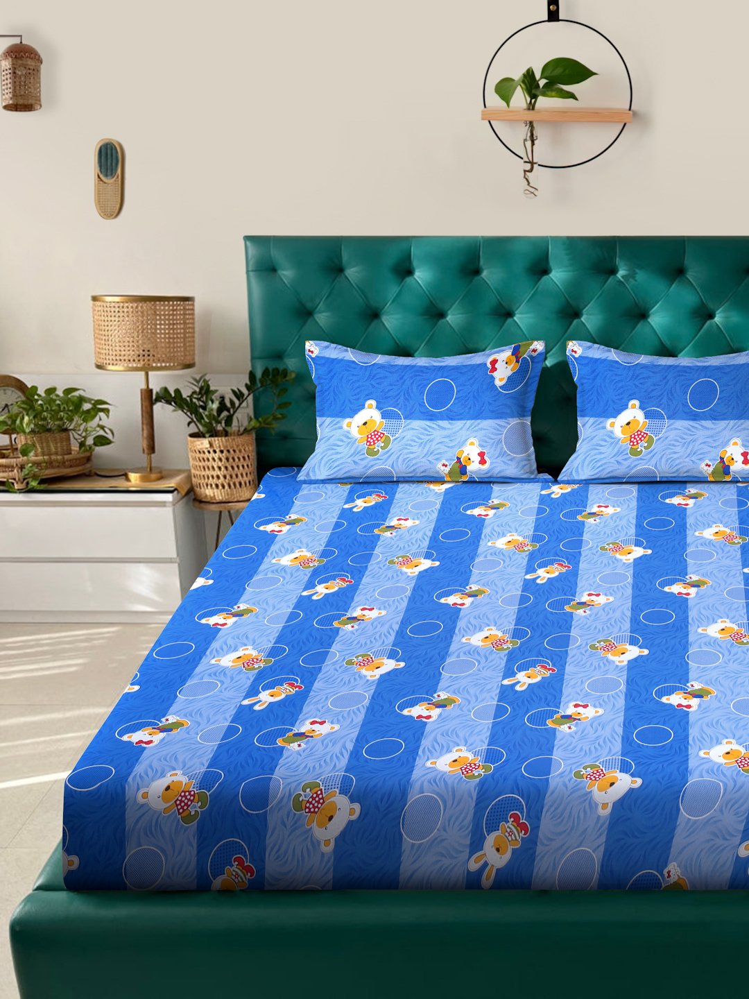 Blue Cartoon Characters 400 TC Pure Cotton Fitted Double Bedsheet with 2 Pillow Covers