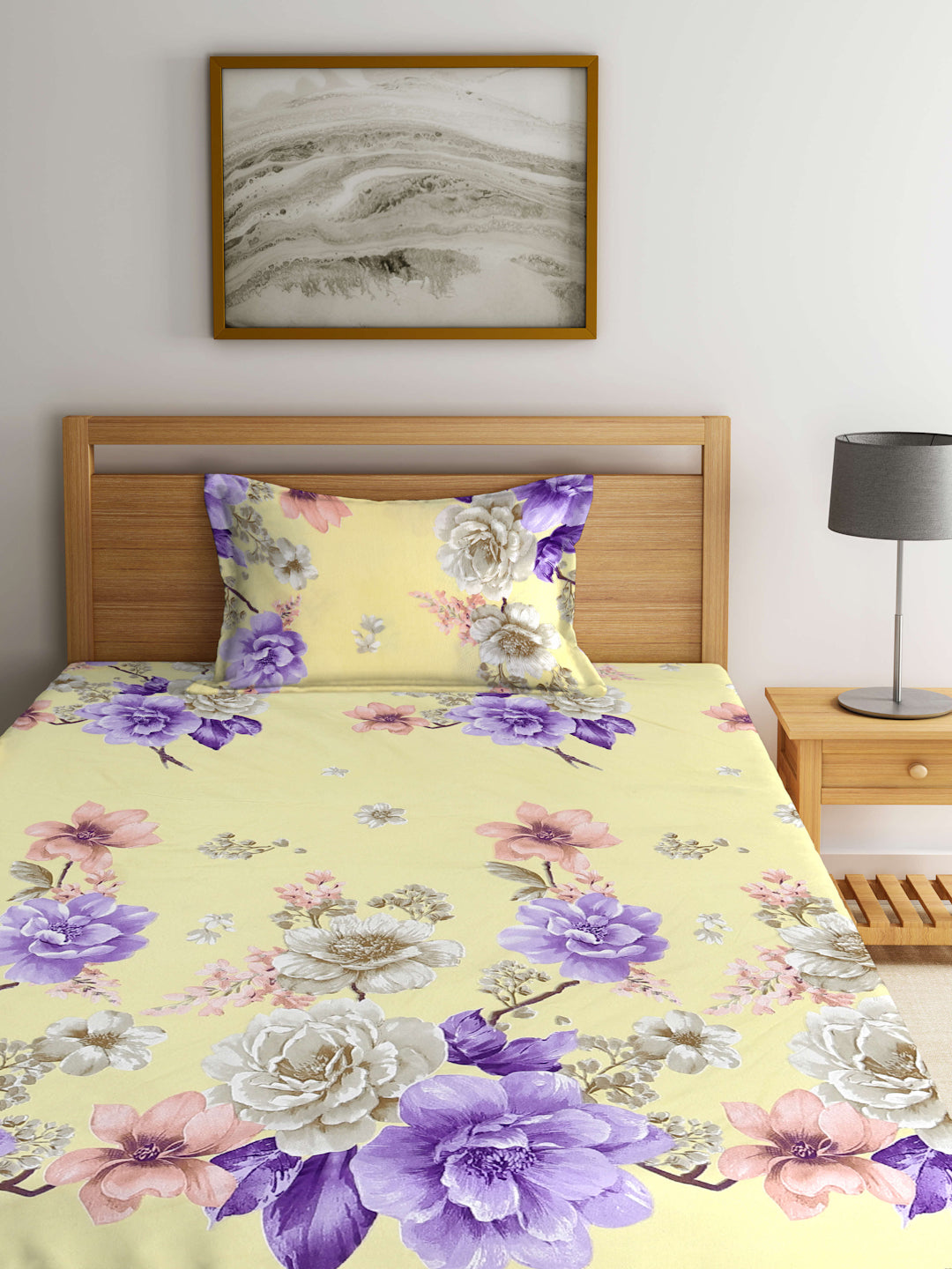 Klotthe Yellow Floral 300 TC Cotton Blend Single Bedsheet with Pillow Cover