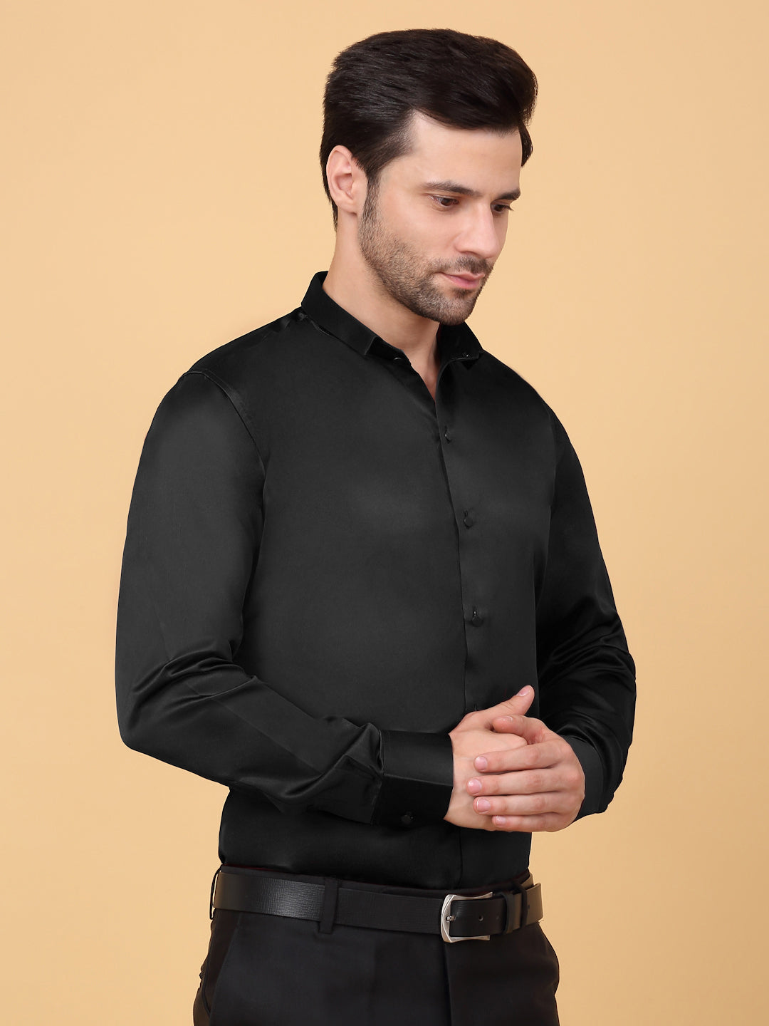 Klotthe Men Black Solid Spread Collar Satin Formal Shirt