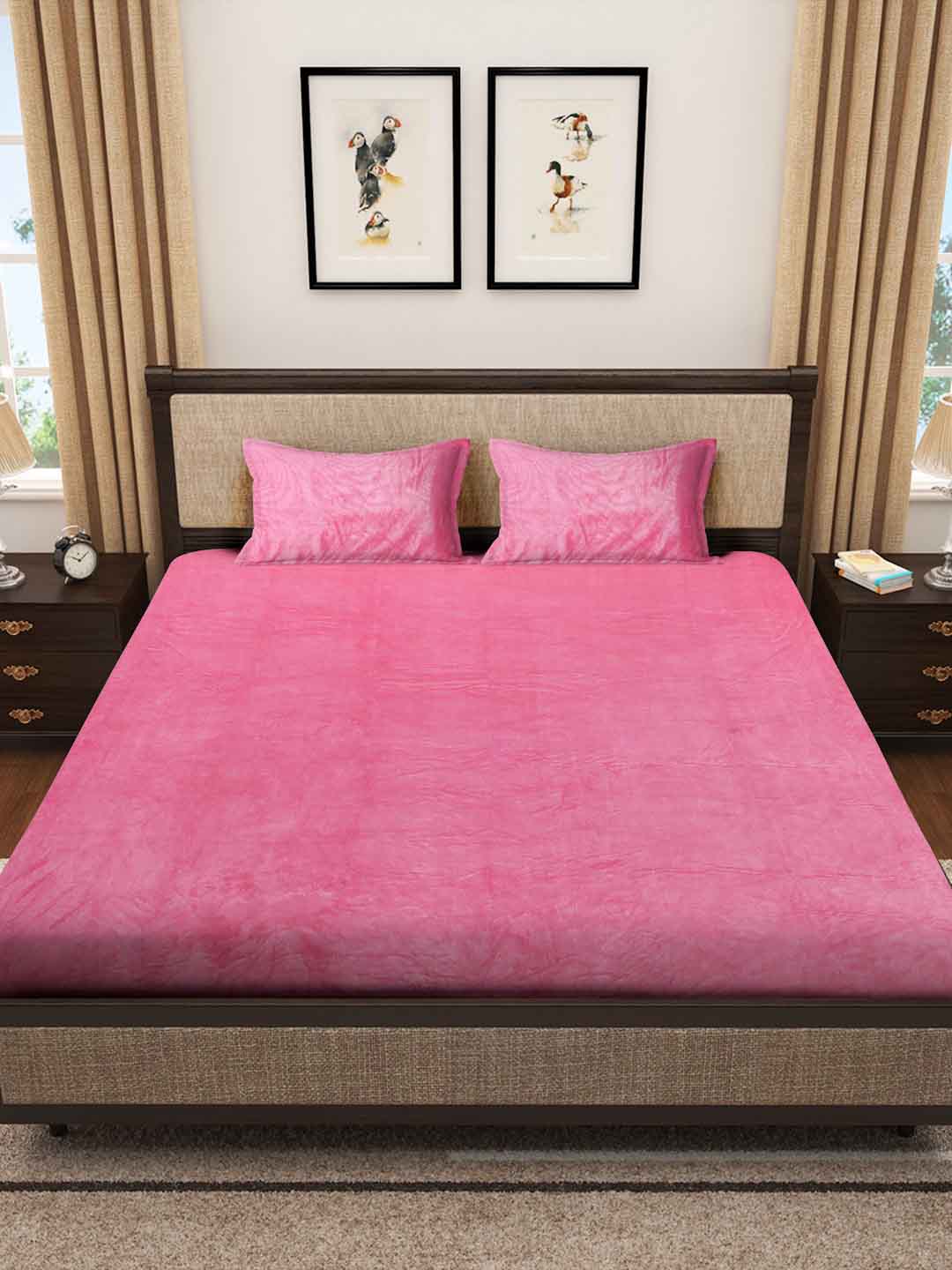 Klotthe Light Pink Solid Woolen Fitted Double Bed Sheet with 2 Pillow Covers