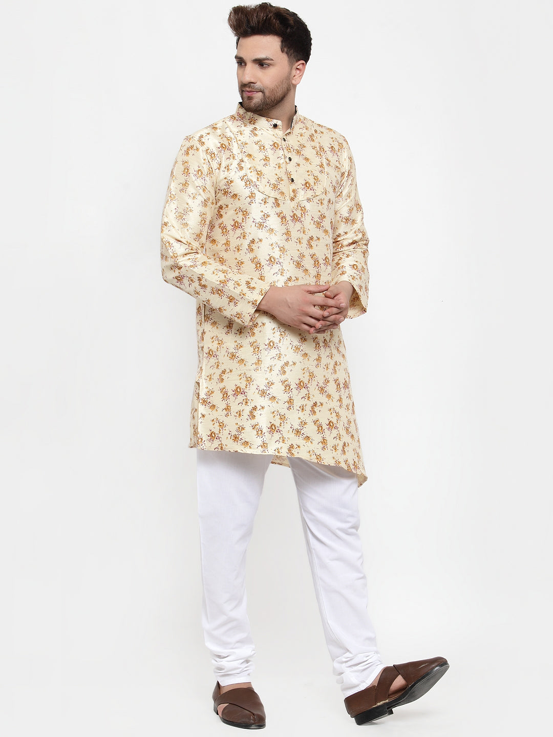 Beige Silk Floral Party Kurtas