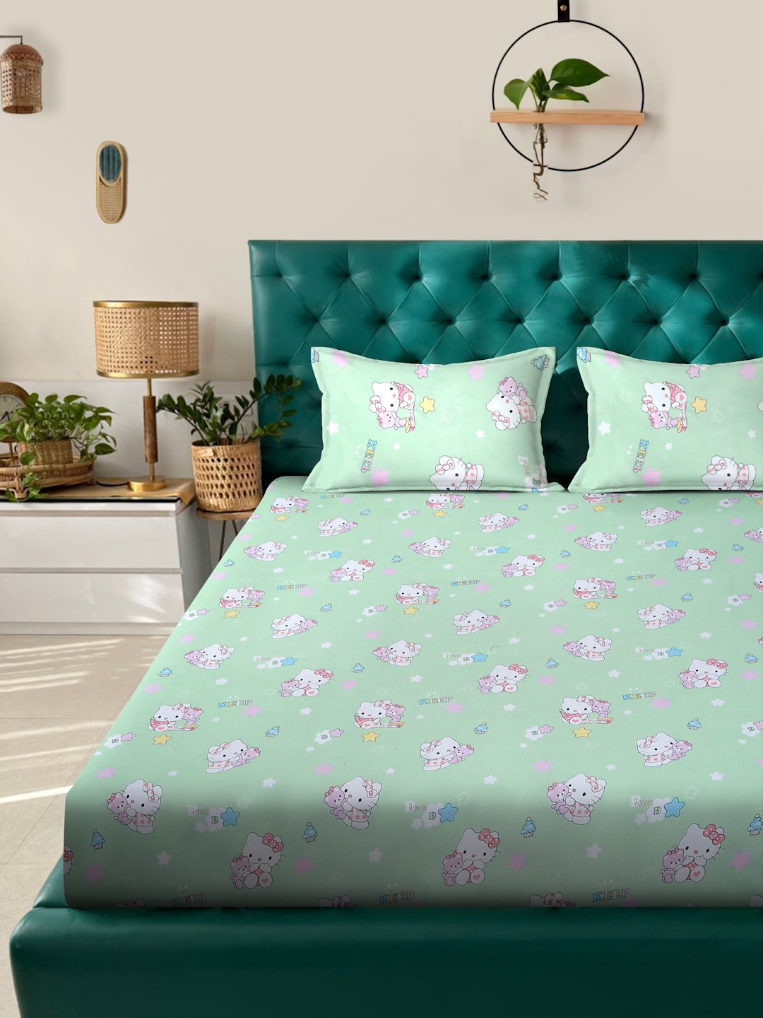 Green Cartoon Characters 400 TC Fitted Pure Cotton Double Bedsheet with 2 Pillow Covers