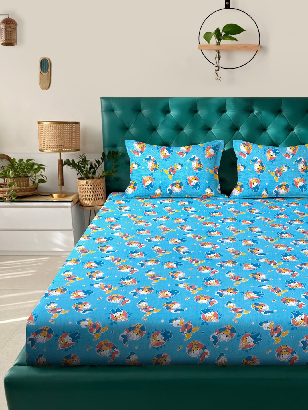 Blue Cartoon Characters 400 TC Pure Cotton Fitted Double Bedsheet with 2 Pillow Covers