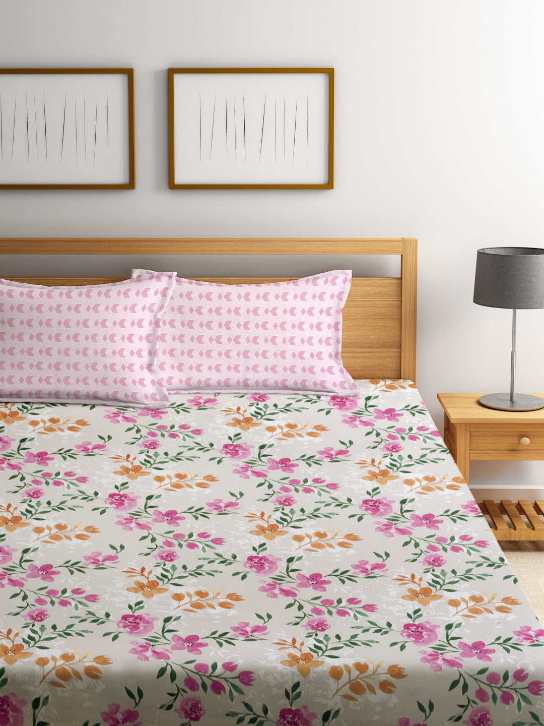 Klotthe Multicolor Floral 300 TC Cotton Blend Fitted Double Bedsheet with 2 Pillow Covers