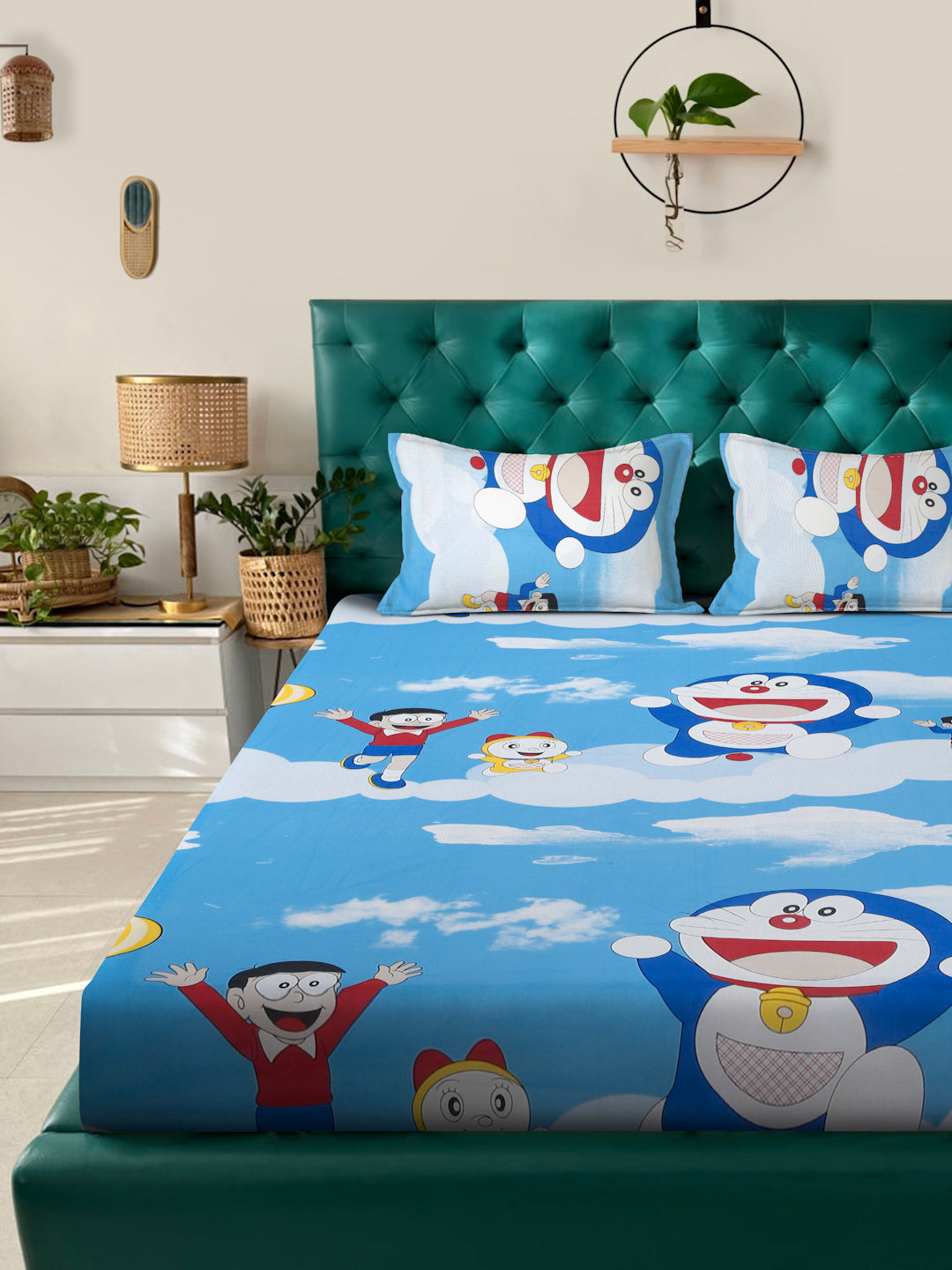 Klotthe Blue Cartoon Characters 400 TC Pure Cotton Fitted Double Bedsheet with 2 Pillow Covers