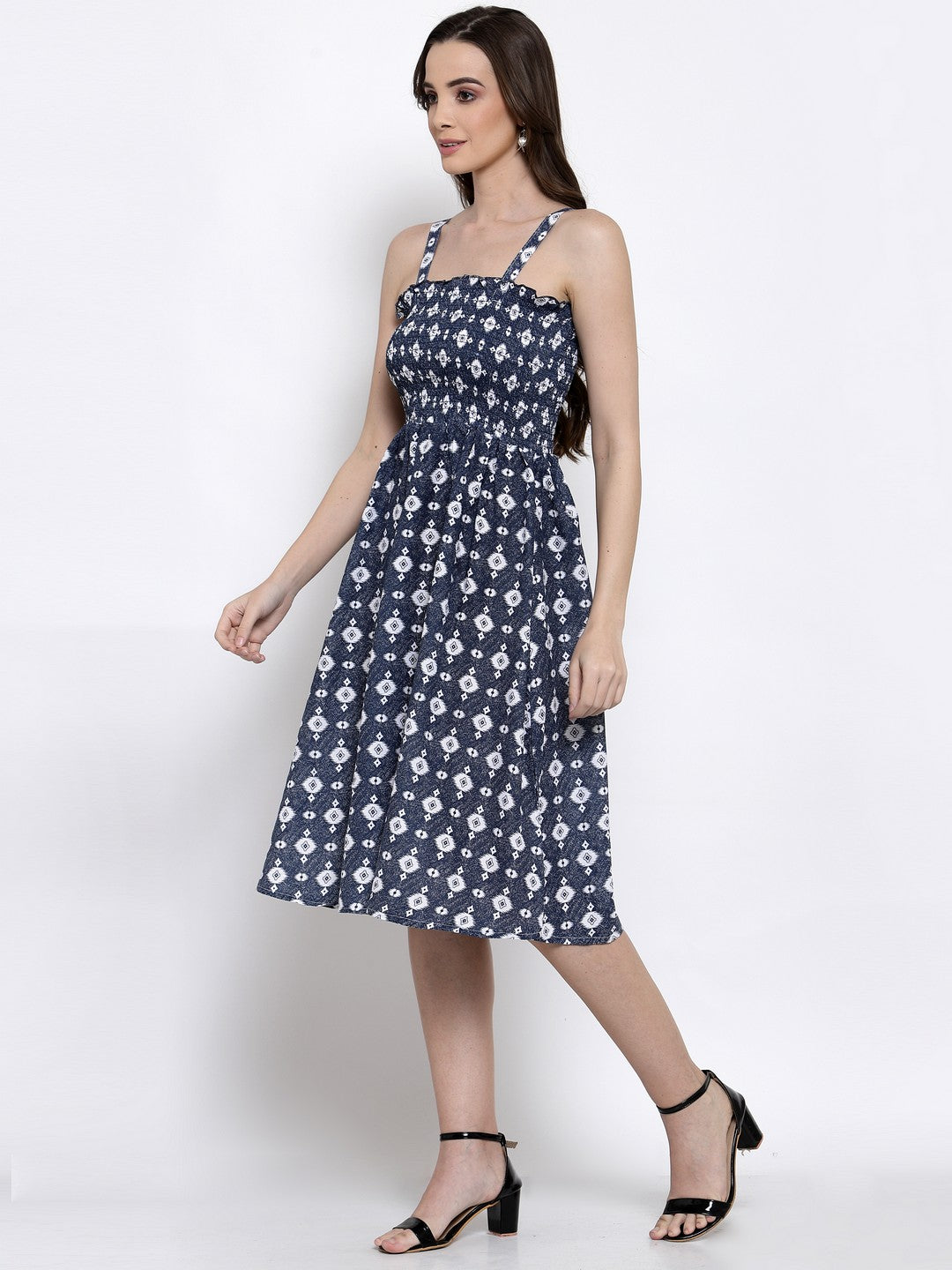 Klotthe Women Blue Floral Printed Smocked Fit & Flare Midi Dress