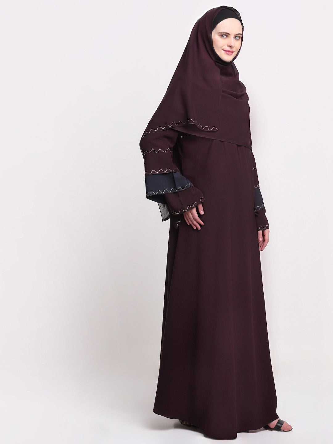 Klotthe Women Burgundy Embellished Burqa With Scarves