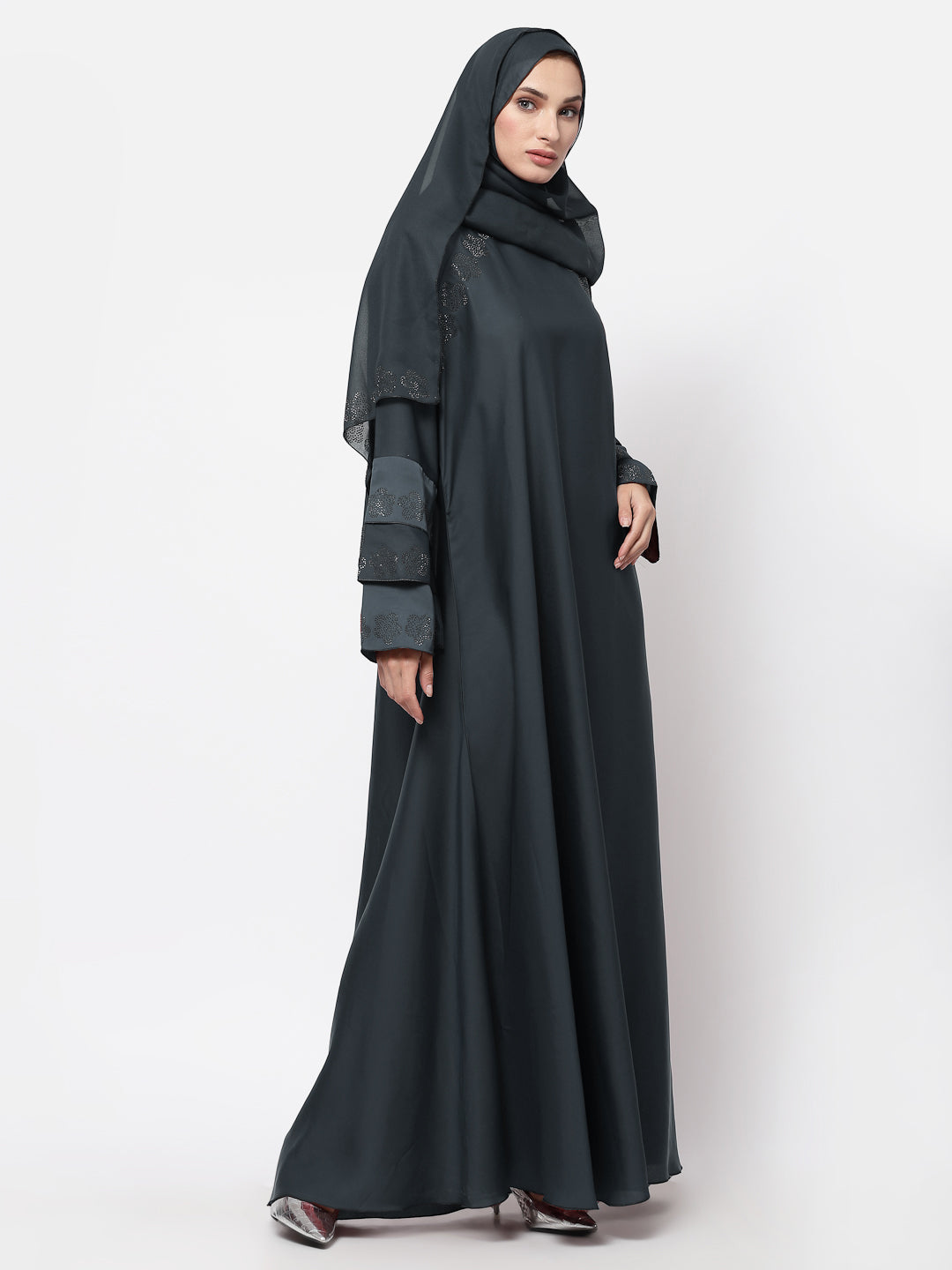Klotthe Women Grey Embellished Burqa With Scarves
