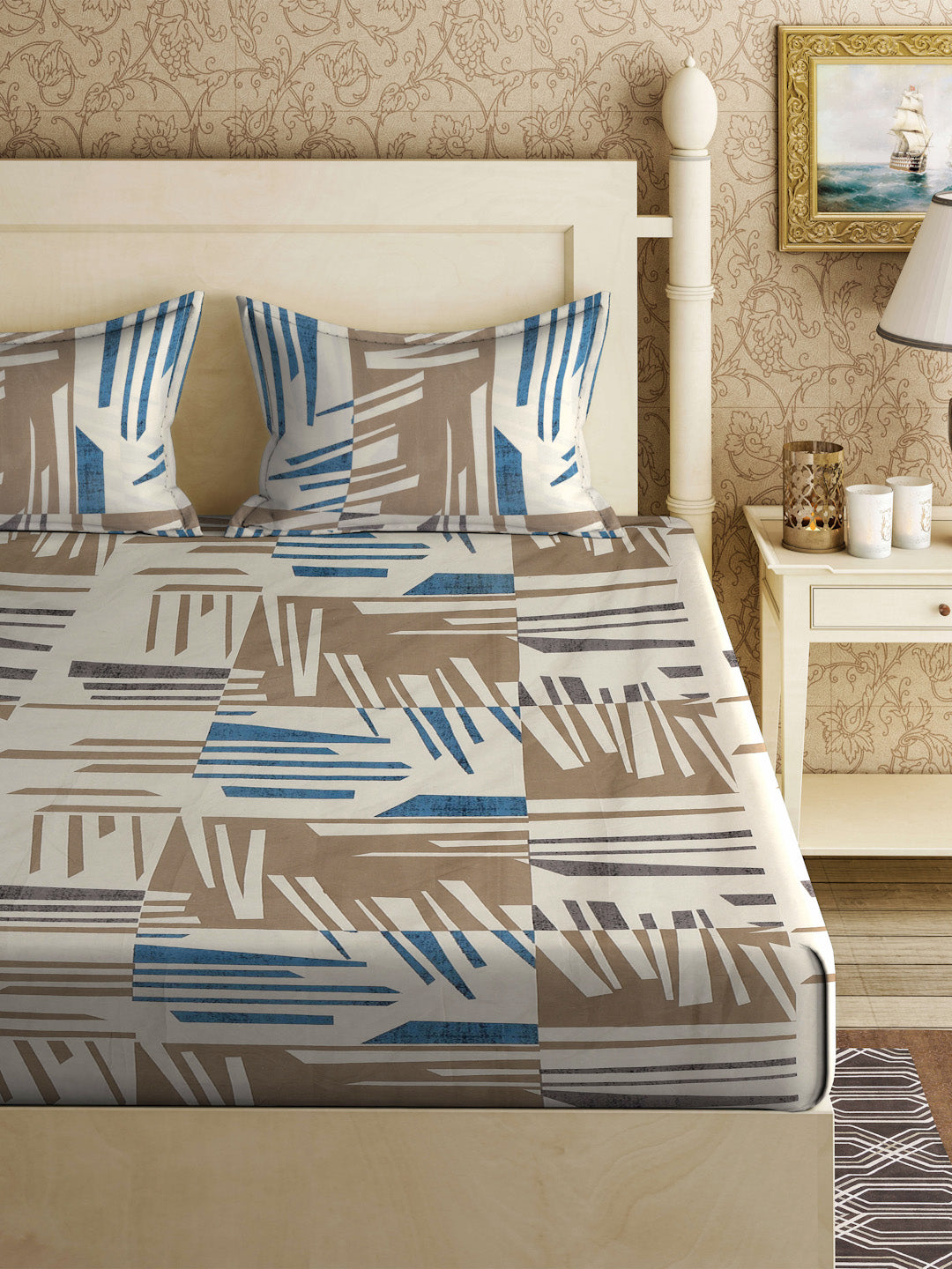 Klotthe Multicolor Abstract 300 TC Cotton Blend Fitted Double Bedsheet with 2 Pillow Covers
