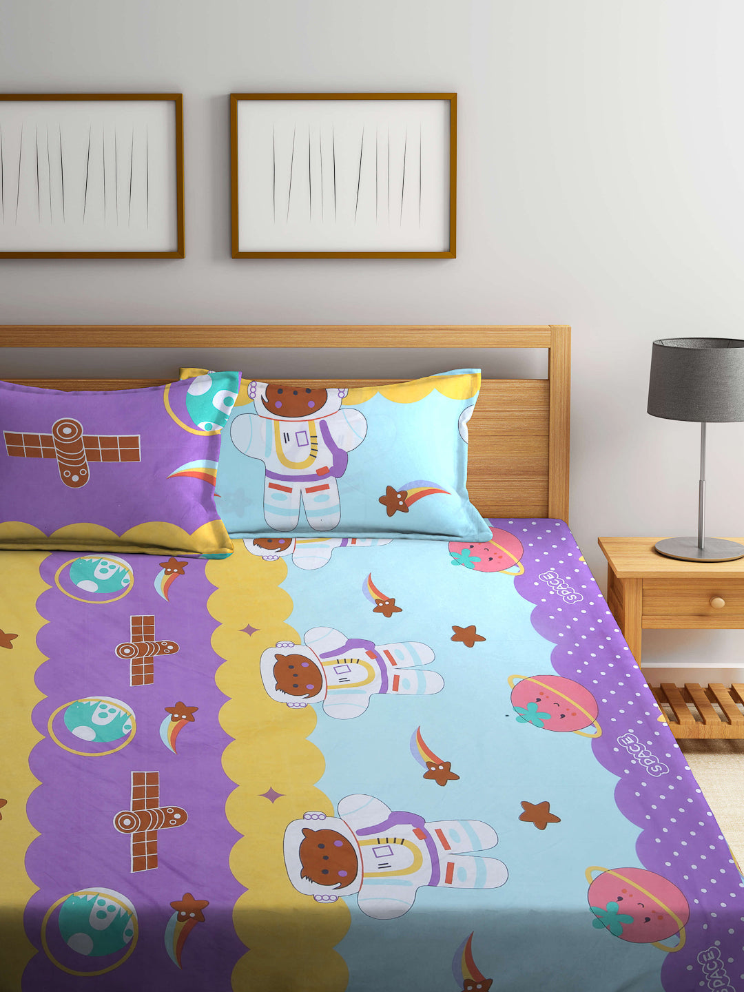Klotthe Multicolor Cartoon Print Cotton Blend Elasticated Double BedSheet With 2 Pillow Covers