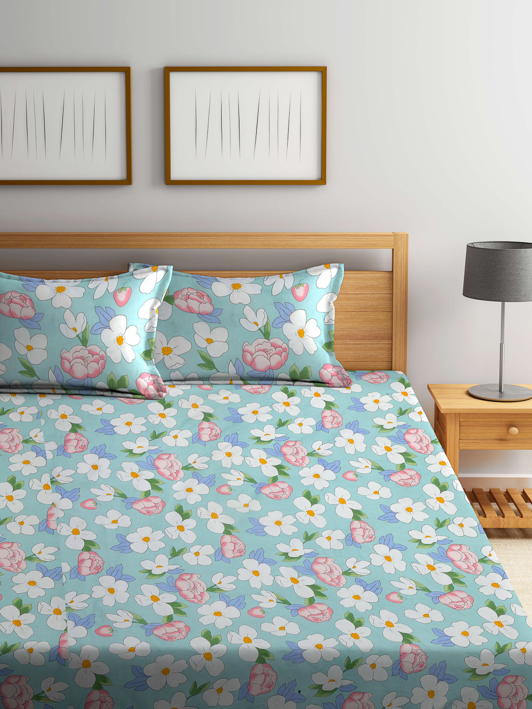 Klotthe Multicolor Floral 300 TC Cotton Blend Fitted Double Bedsheet with 2 Pillow Covers