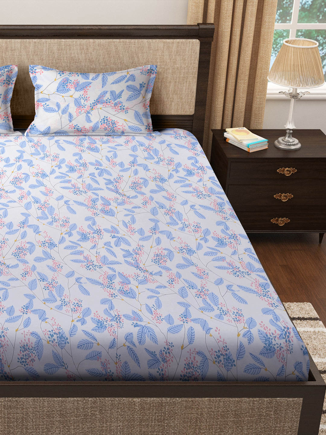 Klotthe Multicolor Floral 300 TC Cotton Blend Fitted Double Bedsheet with 2 Pillow covers