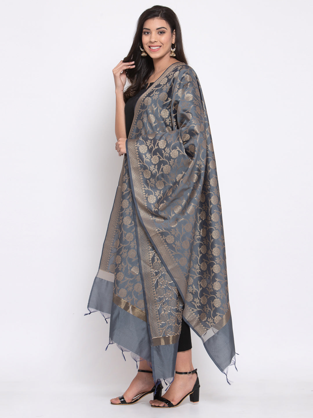 KLOTTHE Women Grey Floral Silk Blend Dupatta (230 cm X 90 cm)