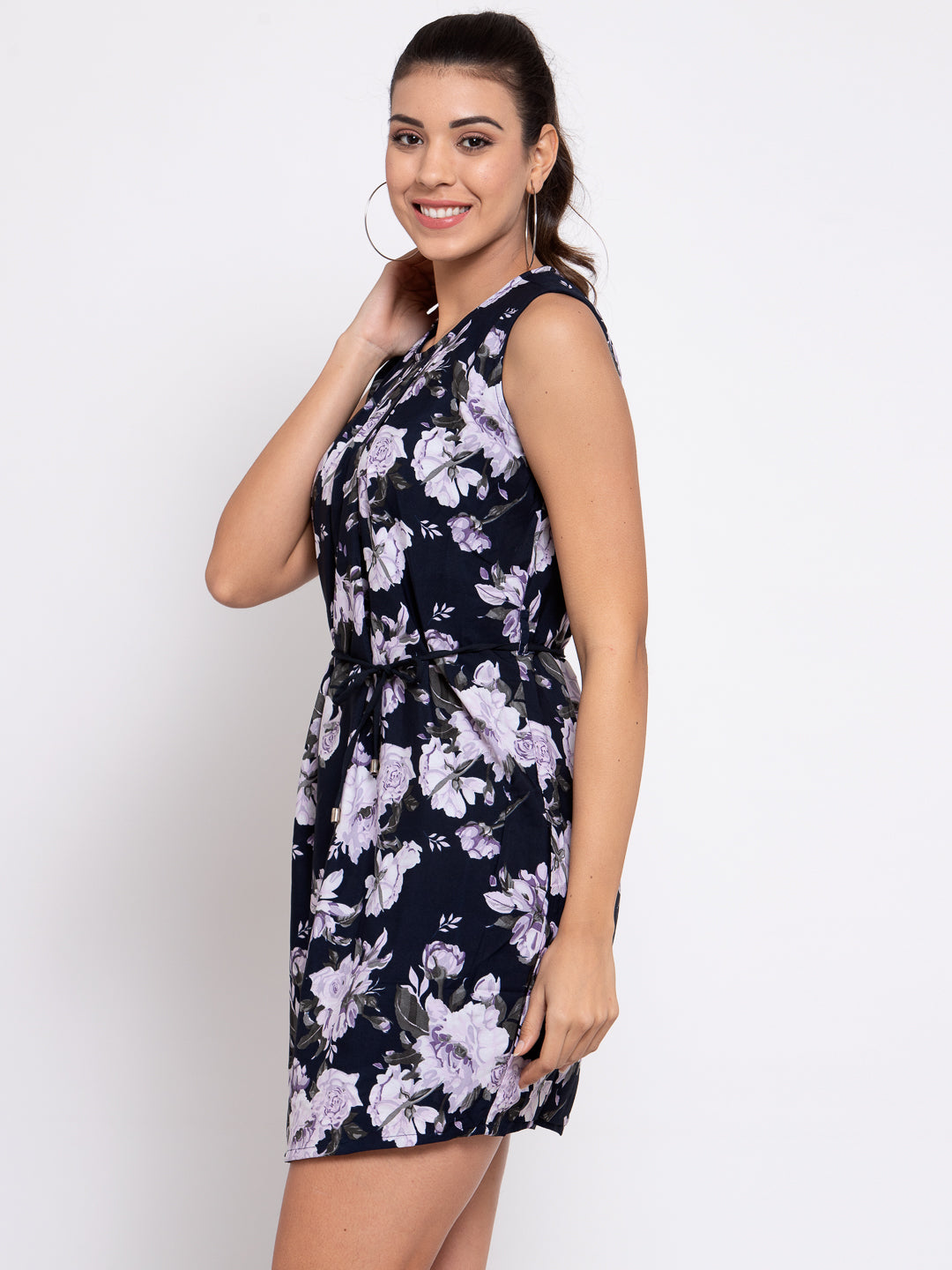 KLOTTHE Blue Floral Printed A- Line Dress