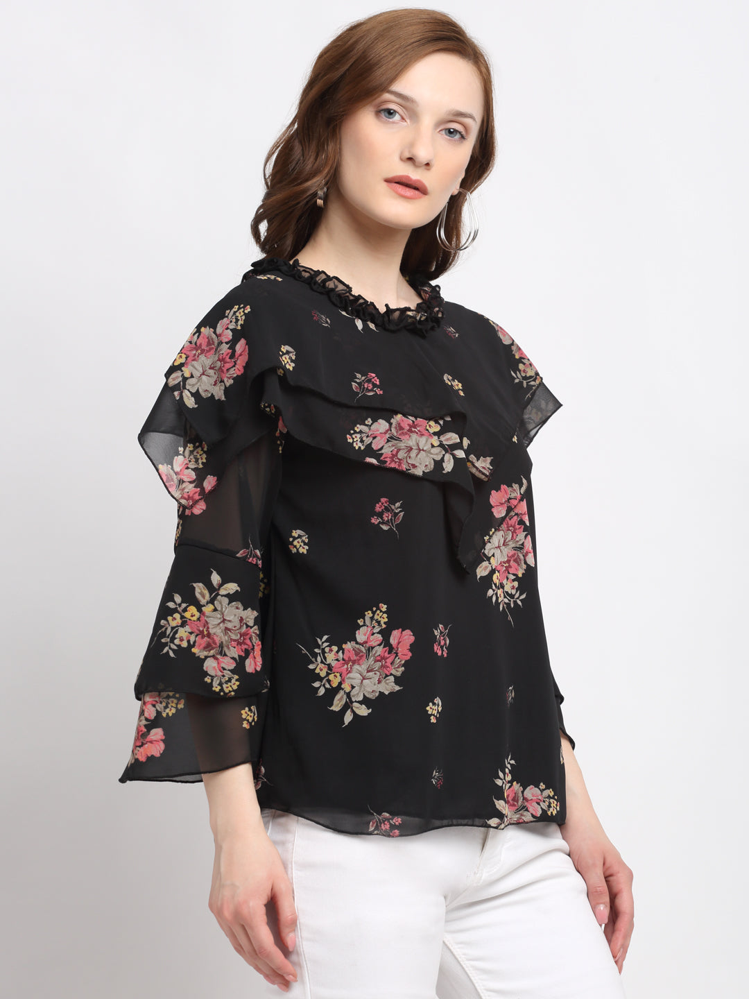 Klotthe Women Black Floral Georgette Top