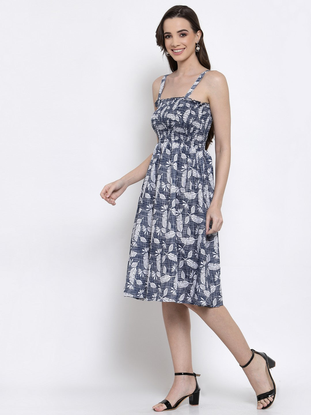Klotthe Women Blue Floral Printed Smocked Fit & Flare Midi Dress