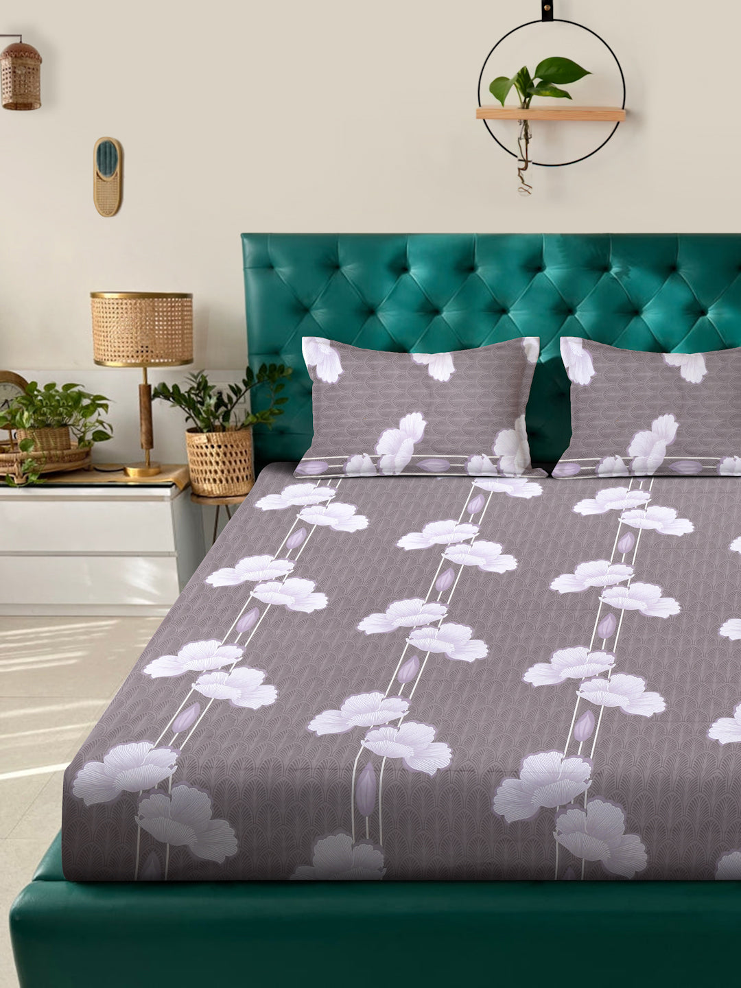 Klotthe LightBrown Floral 400 TC Pure Cotton Fitted Double Bedsheet with 2 Pillow Covers