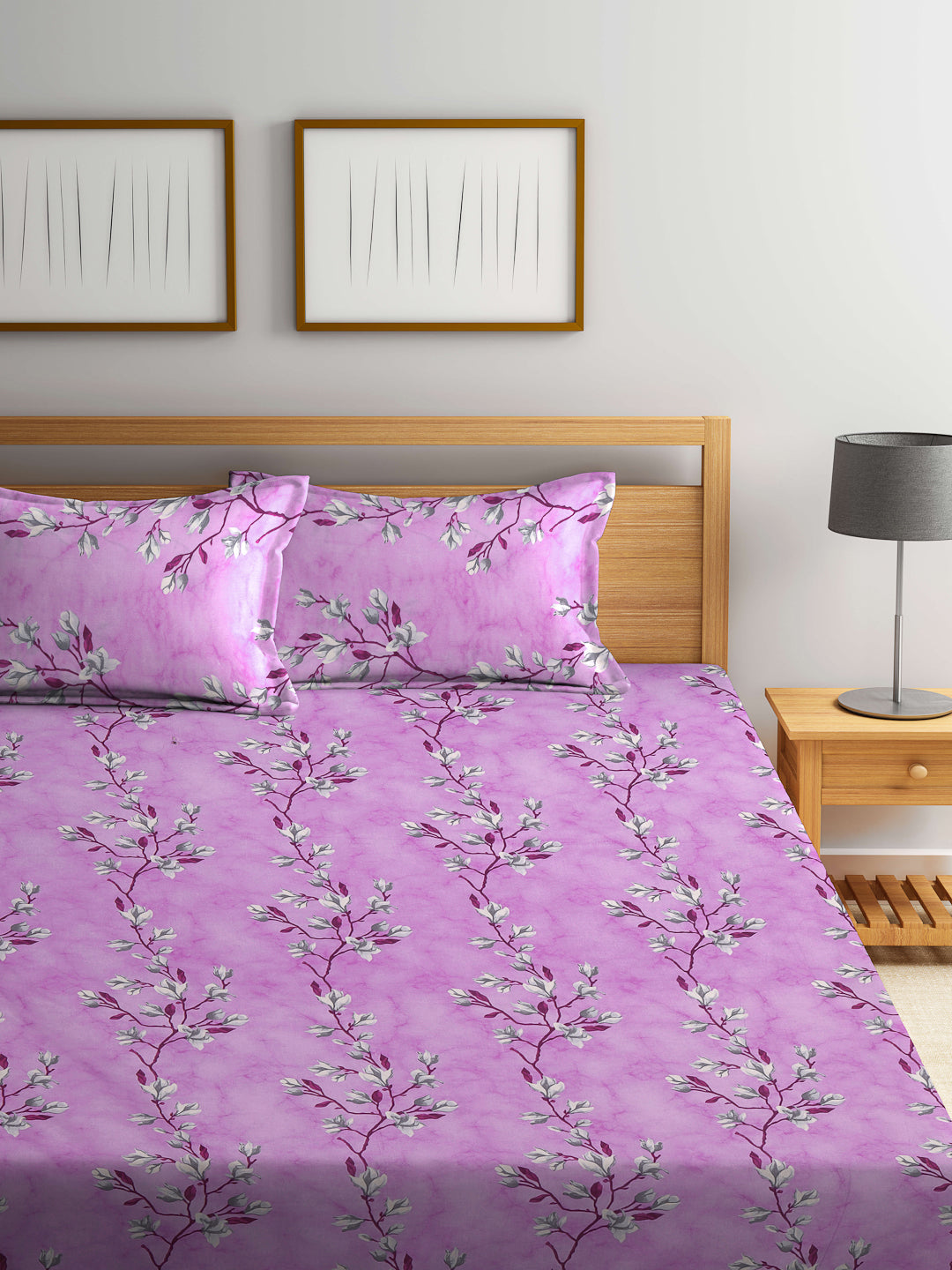 Klotthe Multicolor Floral 400 TC Pure Cotton Fitted Double Bedsheet with 2 Pillow Covers