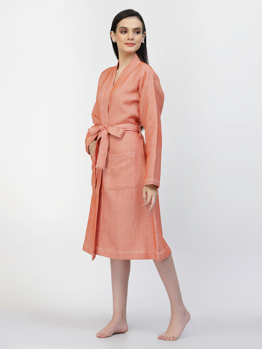 Klotthe Women Orange Checked Cotton Bath Robe With Belt