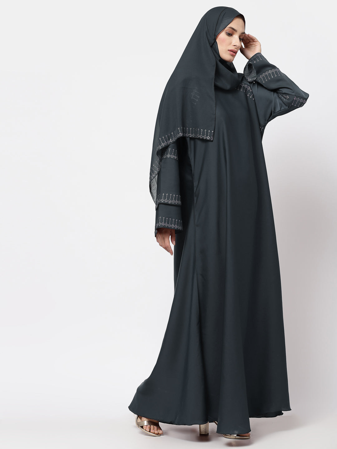Klotthe Women Grey Embellished Burqa With Scarves