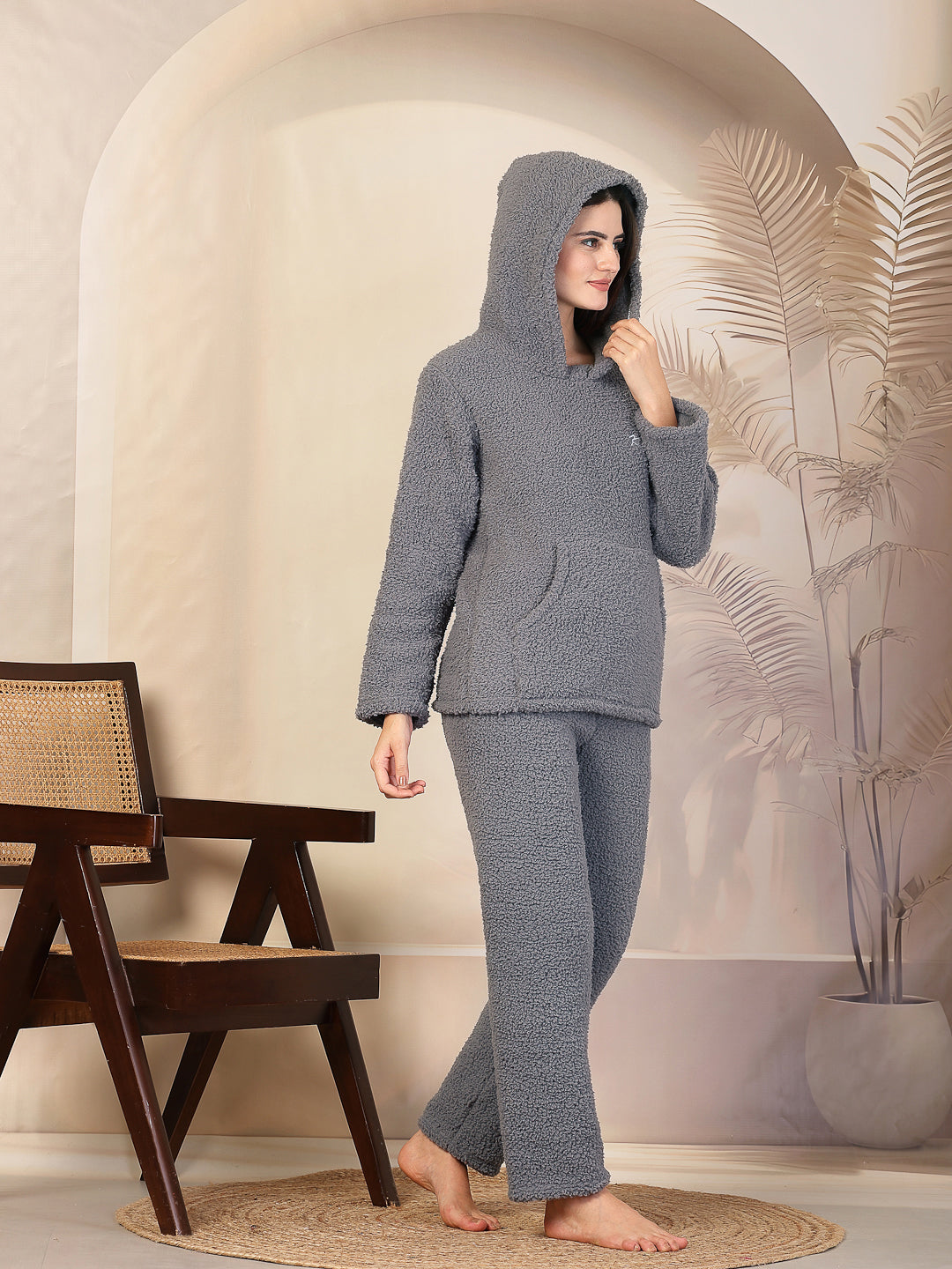 Klotthe Women Grey Solid Sherpa Heavy Winter Hooded Woolen Night Suit