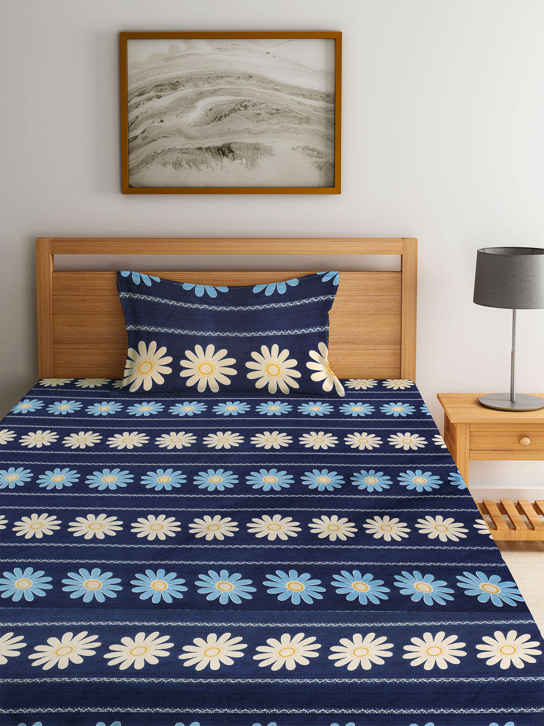 Klotthe Blue Floral Cotton Blend Single Bedsheet with Pillow cover