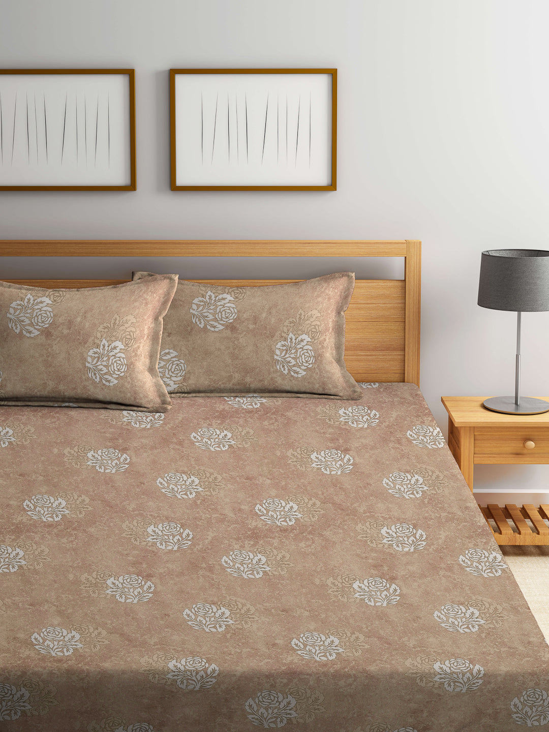 Klotthe Beige Floral 400 TC Pure Cotton Fitted Double Bedsheet with 2 Pillow Covers