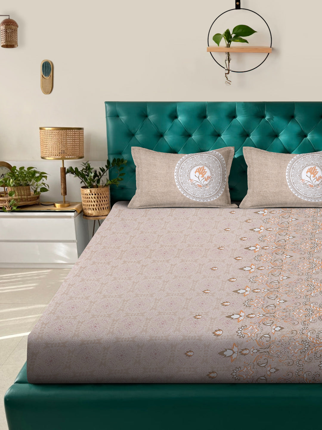 Klotthe Beige Floral 400 TC Pure Cotton Fitted Super King Double Bedsheet with 2 Pillow covers