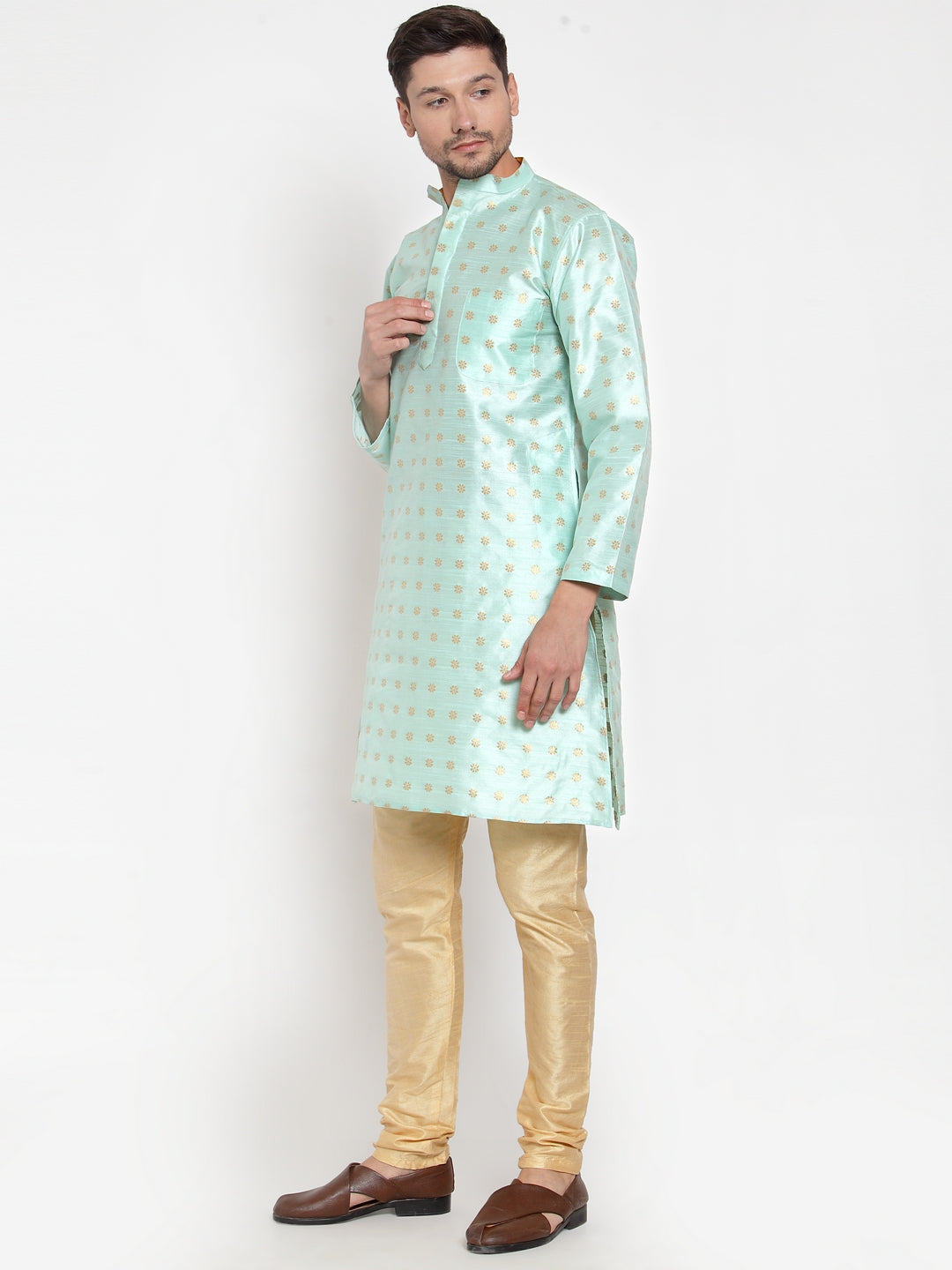 Green Cotton Silk Floral Party Kurtas