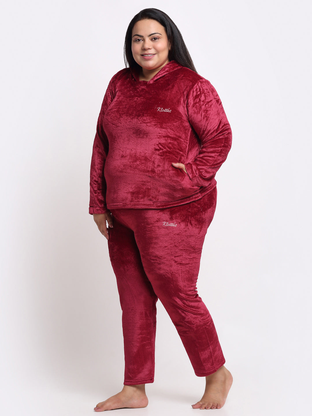 Klotthe Women Red Solid Wool Blend Hooded Night Suit