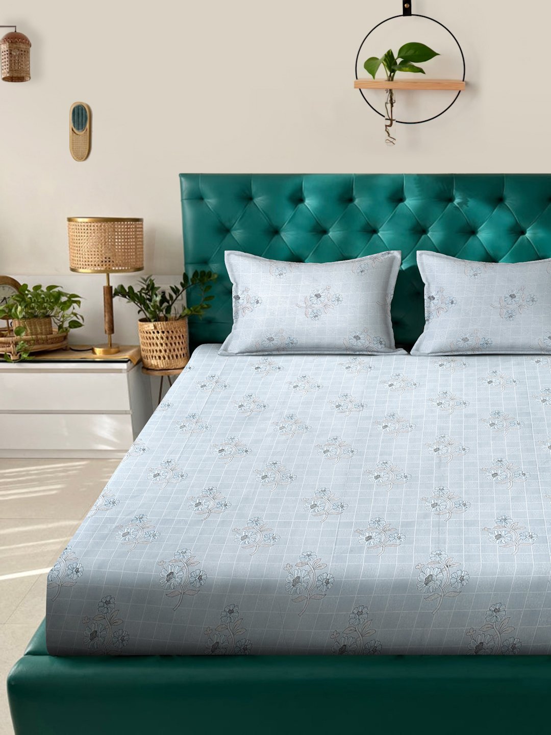 Grey Floral 400 TC Pure Cotton Fitted Double Bedsheet with 2 Pillow Covers