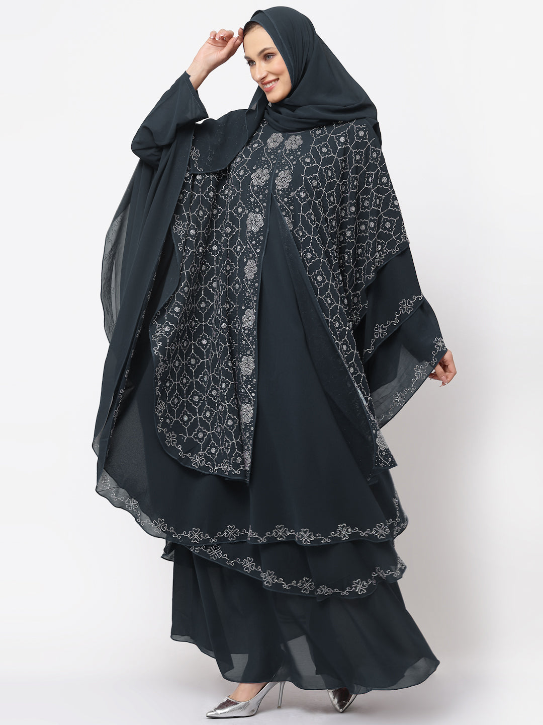 Klotthe Women DarkGrey Embellished Burqa With Scarves